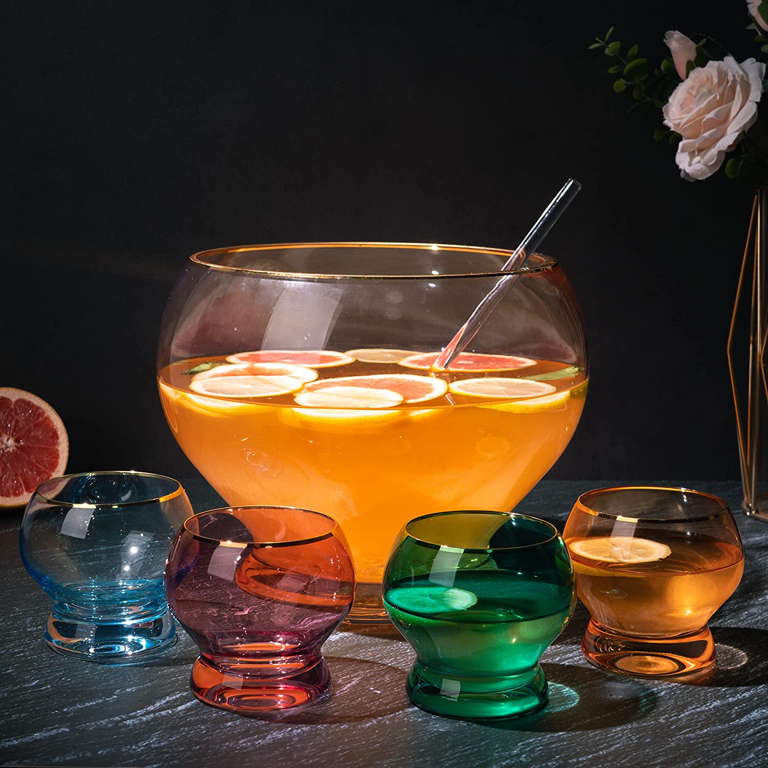Colorful 1.7 Gallon Punch Bowl with 4 10oz Glasses Set with Ladle Gift For Mothers Day, Her, Wife, Mom, Friend - Colored Set Margarita, Cocktails, Juice, Punch Drink bowl for Parties, Weddings