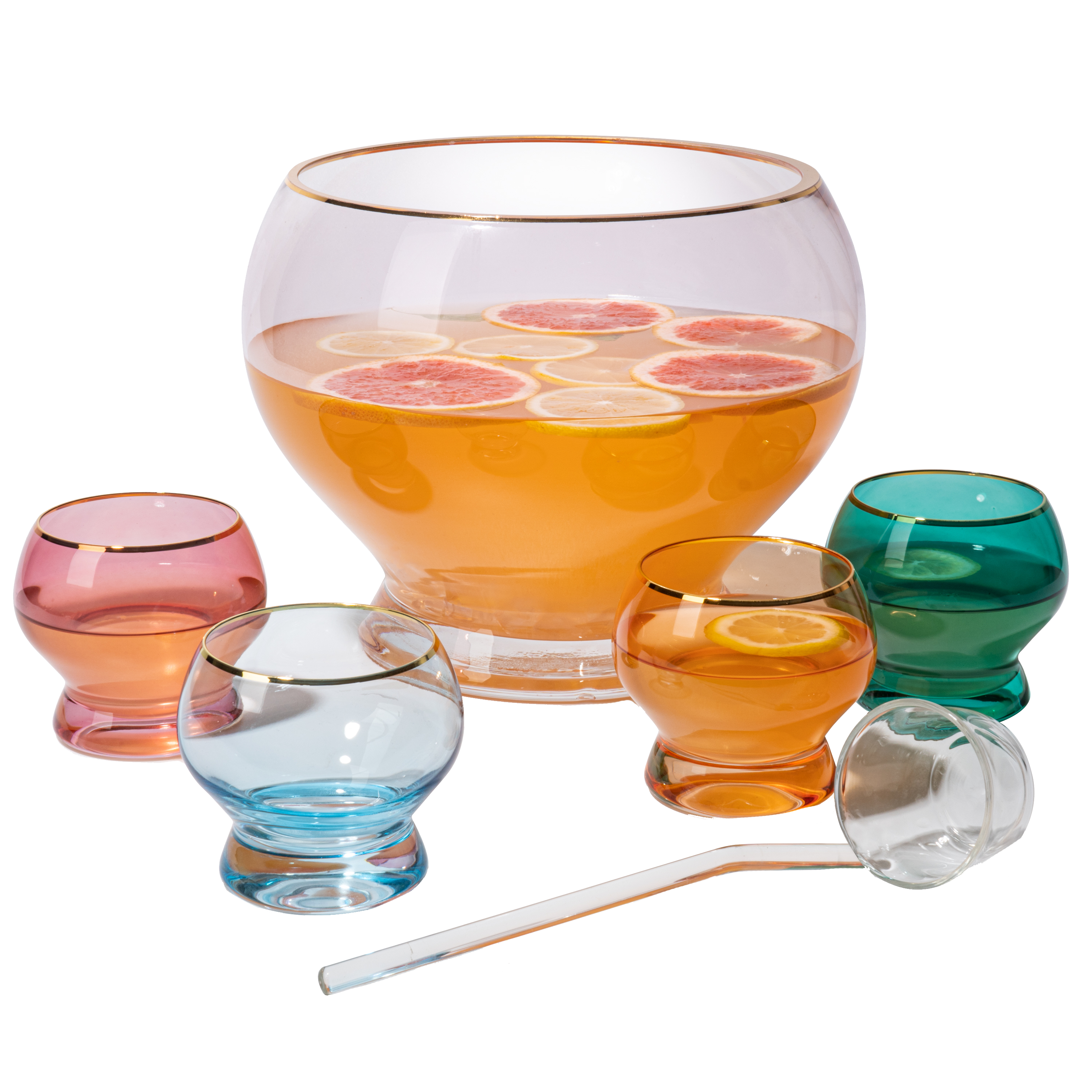Colorful 1.7 Gallon Punch Bowl with 4 10oz Glasses Set with Ladle Gift For Mothers Day, Her, Wife, Mom, Friend - Colored Set Margarita, Cocktails, Juice, Punch Drink bowl for Parties, Weddings
