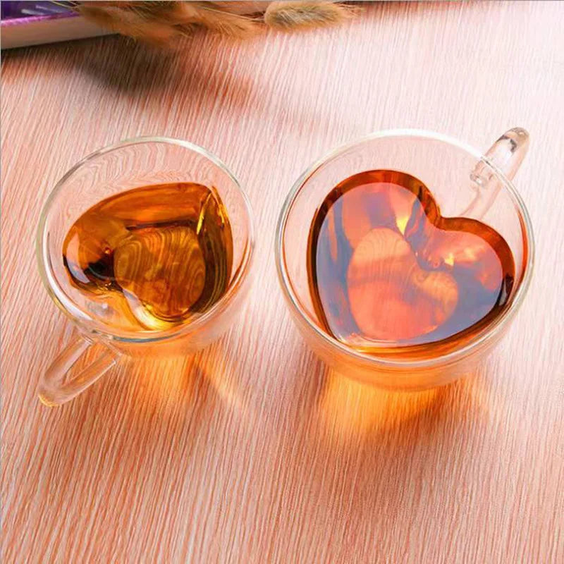 DecorBites™ Heart Love Glass Coffee Mug Cup Set for Drinking Tea Juice Water Gift.