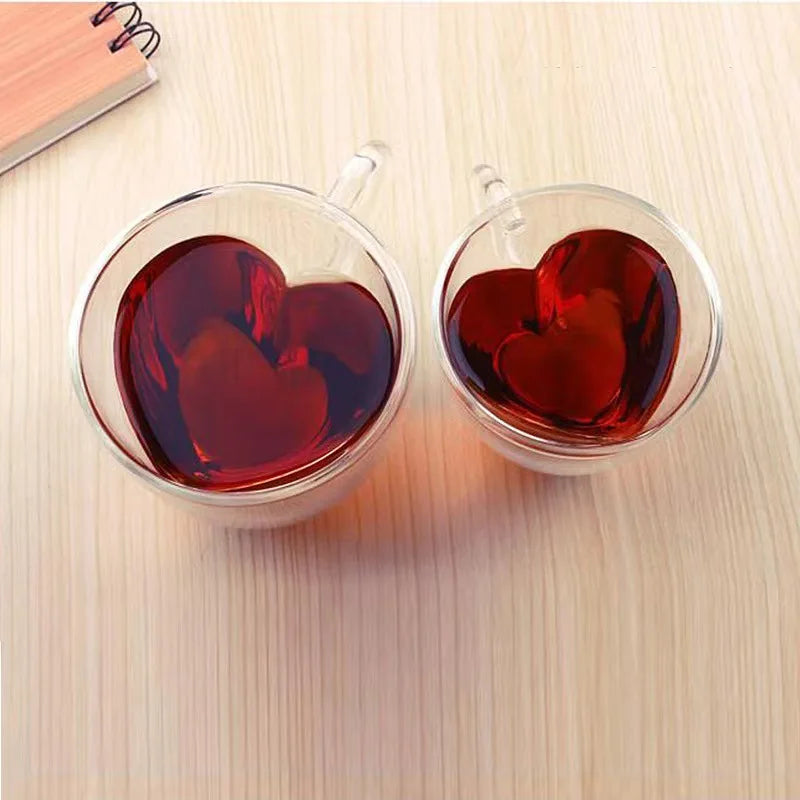 DecorBites™ Heart Love Glass Coffee Mug Cup Set for Drinking Tea Juice Water Gift.